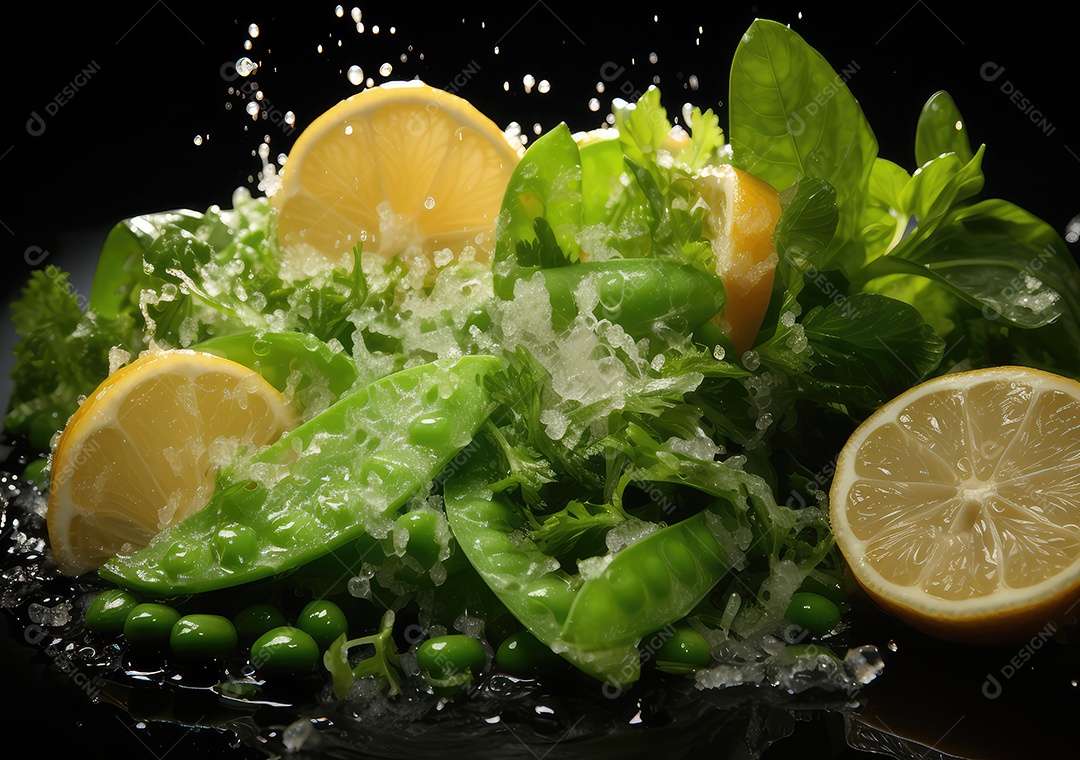 Frutas frescas Mix e salada com respingos de água flutuam no prato com fundo escuro de estúdio. IA generativa.