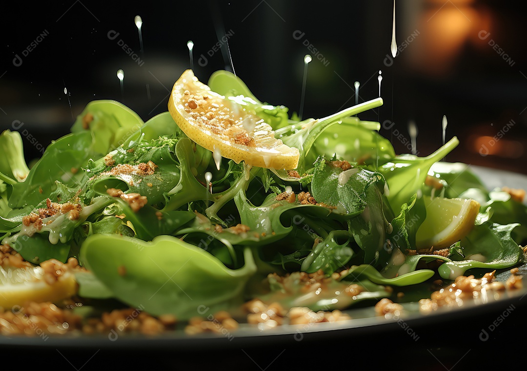 Frutas frescas Mix e salada com respingos de água flutuam no prato com fundo escuro de estúdio. IA generativa.