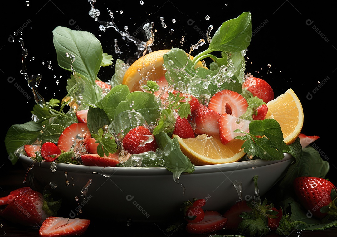 Frutas frescas Mix e salada com respingos de água flutuam no prato com fundo escuro de estúdio. IA generativa.