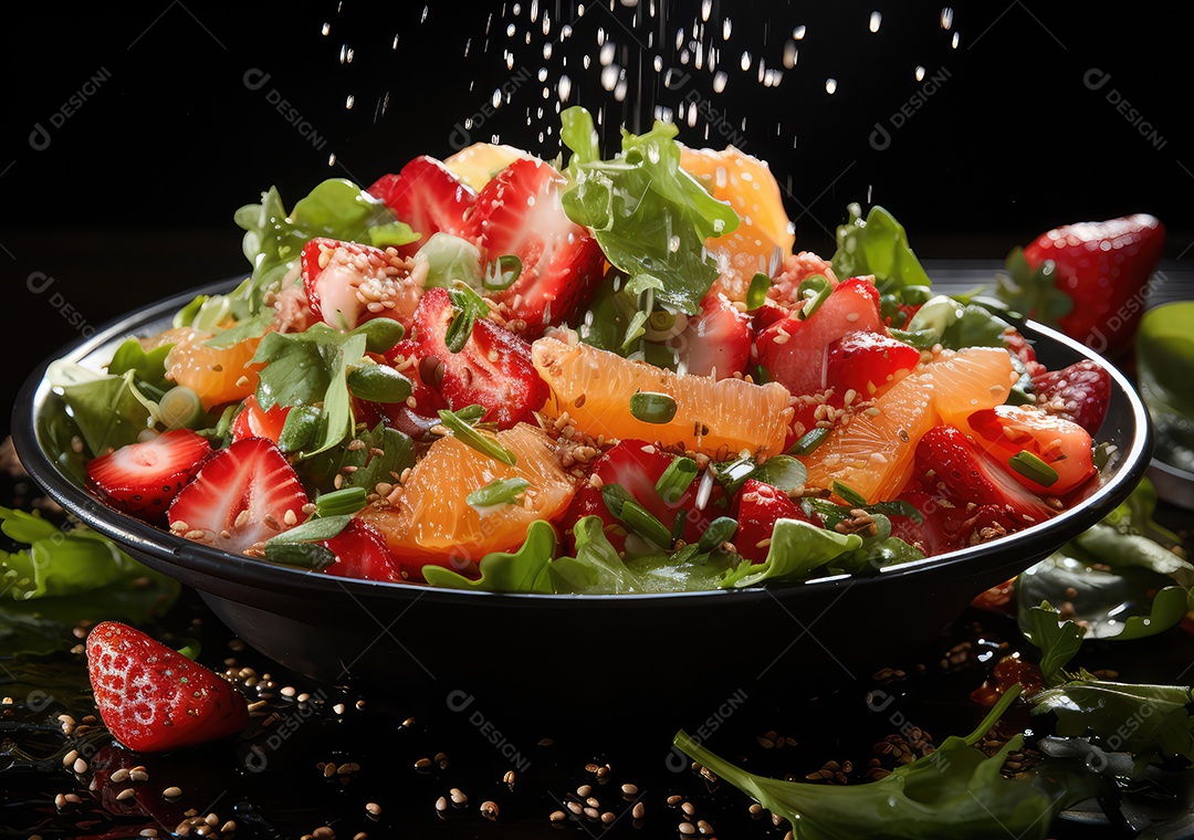 Frutas frescas Mix e salada com respingos de água flutuam no prato com fundo escuro de estúdio. IA generativa.