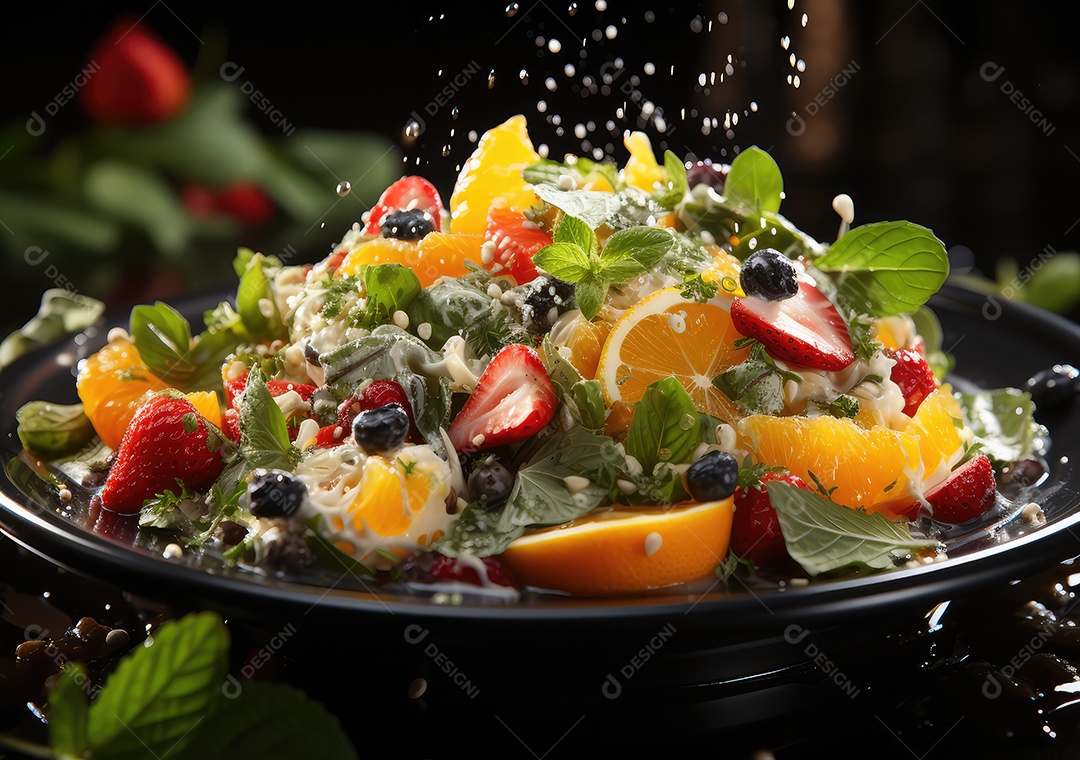 Frutas frescas Mix e salada com respingos de água flutuam no prato com fundo escuro de estúdio. IA generativa.