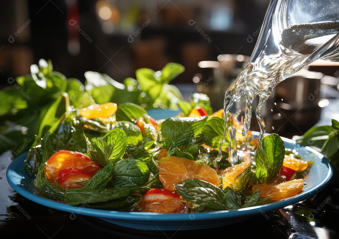 Frutas frescas Mix e salada com respingos de água flutuam no prato com fundo escuro de estúdio. IA generativa.