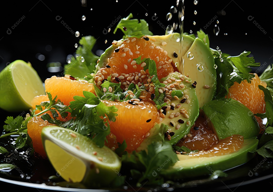 Frutas frescas Mix e salada com respingos de água flutuam no prato com fundo escuro de estúdio. IA generativa.