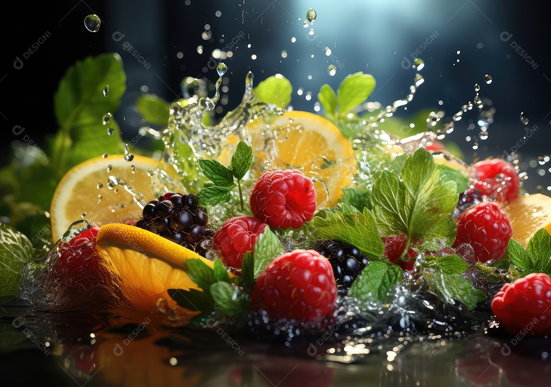 Frutas frescas Mix e salada com respingos de água flutuam no prato com fundo escuro de estúdio. IA generativa.