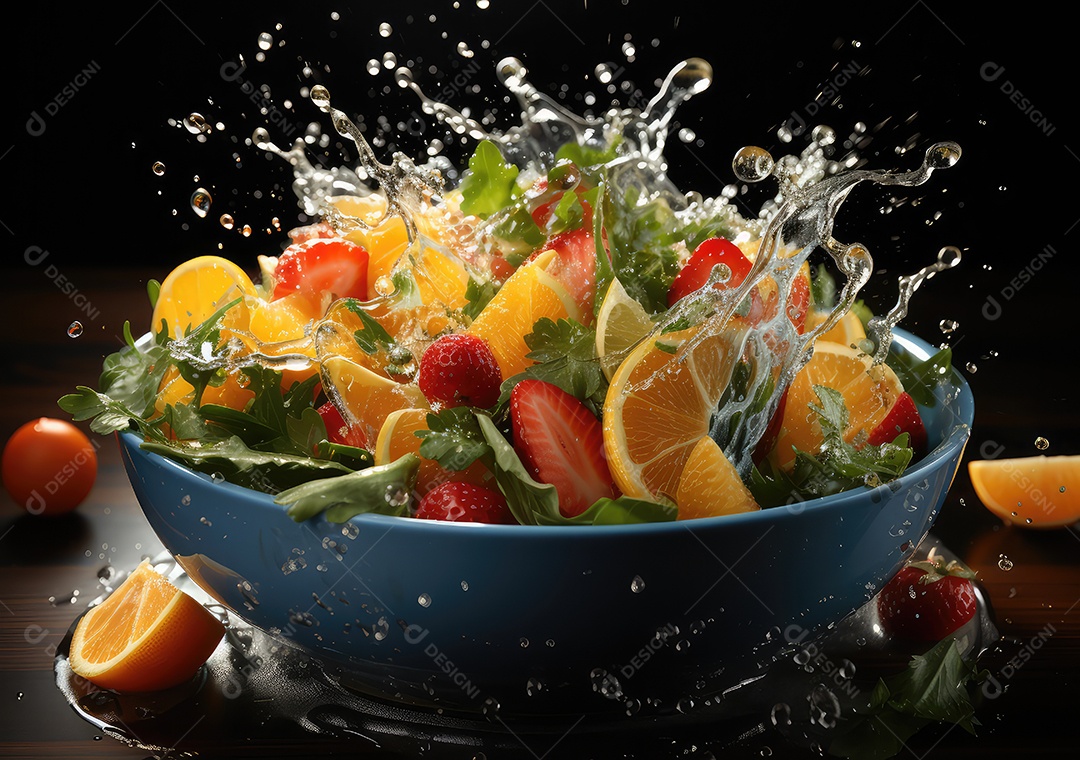 Frutas frescas Mix e salada com respingos de água flutuam no prato com fundo escuro de estúdio. IA generativa.