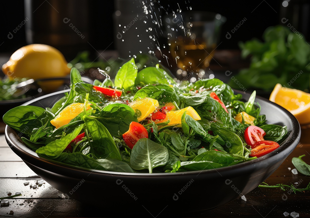 Frutas frescas Mix e salada com respingos de água flutuam no prato com fundo escuro de estúdio. IA generativa.