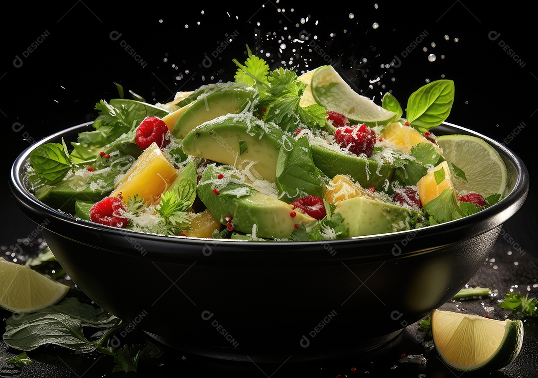 Frutas frescas Mix e salada com respingos de água flutuam no prato com fundo escuro de estúdio. IA generativa.