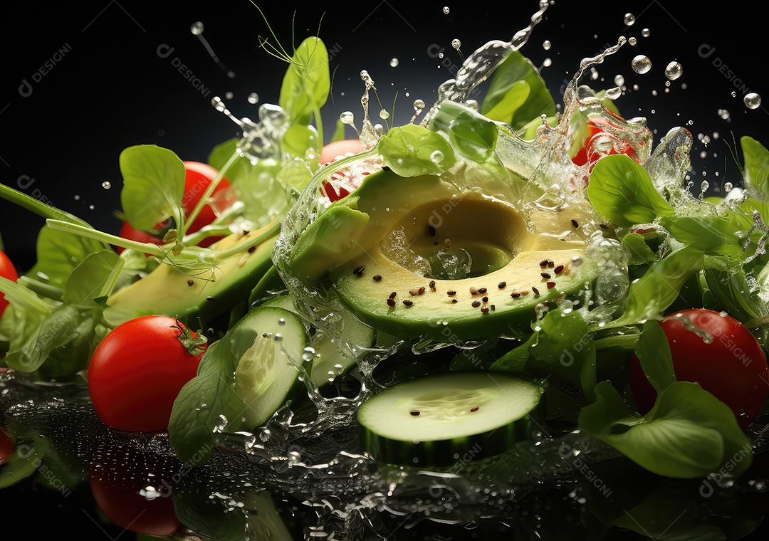 Frutas frescas Mix e salada com respingos de água flutuam no prato com fundo escuro de estúdio. IA generativa.