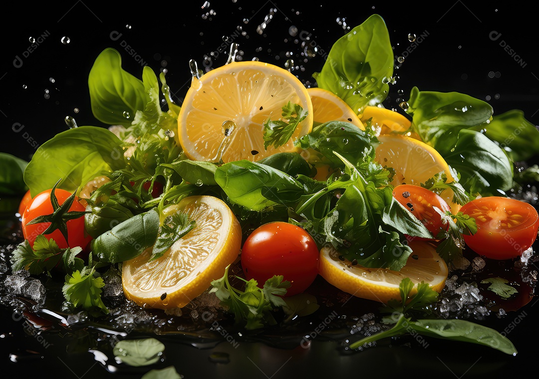 Frutas frescas Mix e salada com respingos de água flutuam no prato com fundo escuro de estúdio. IA generativa.