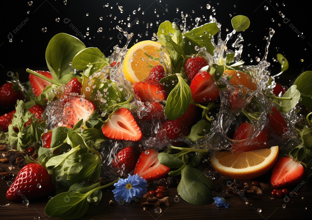 Frutas frescas Mix e salada com respingos de água flutuam no prato com fundo escuro de estúdio. IA generativa.