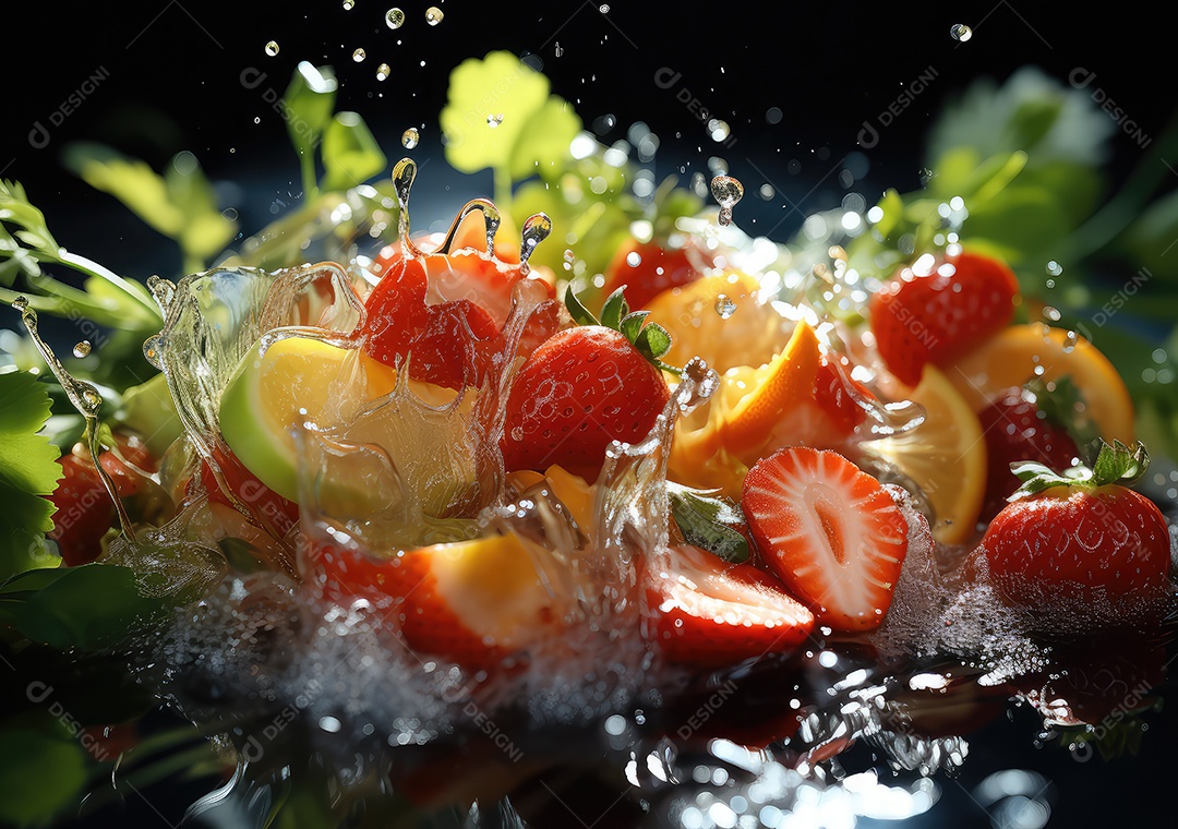 Frutas frescas Mix e salada com respingos de água flutuam no prato com fundo escuro de estúdio. IA generativa.