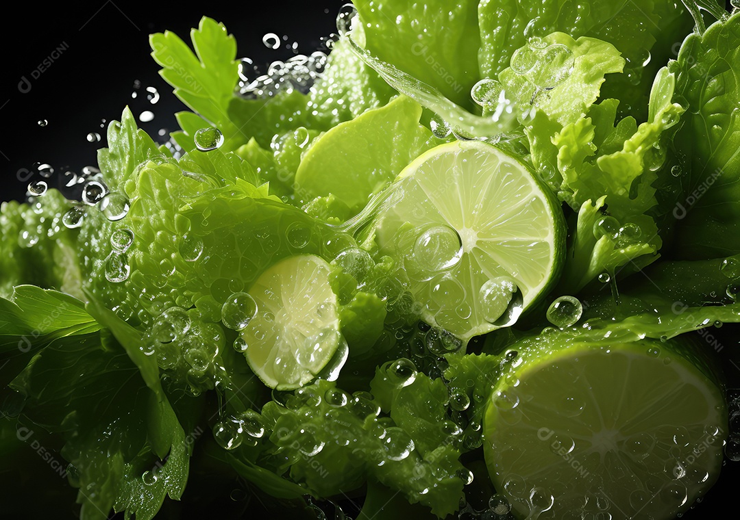 Frutas frescas Mix e salada com respingos de água flutuam no prato com fundo escuro de estúdio. IA generativa.