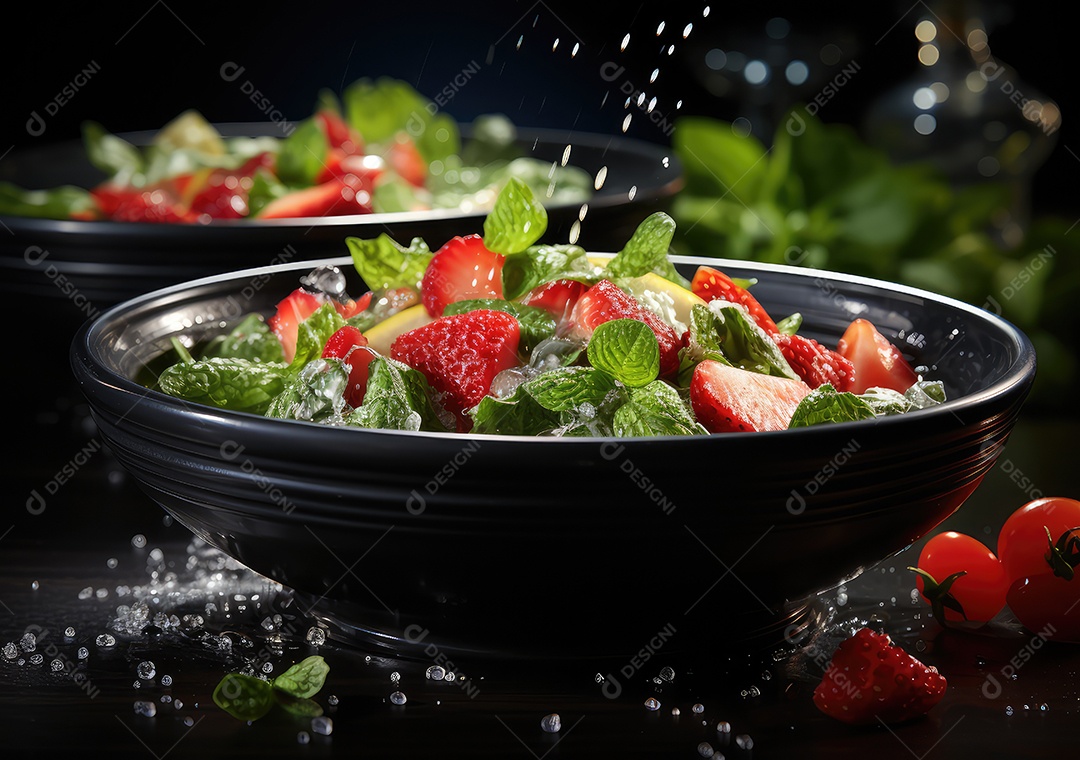 Frutas frescas Mix e salada com respingos de água flutuam no prato com fundo escuro de estúdio. IA generativa.