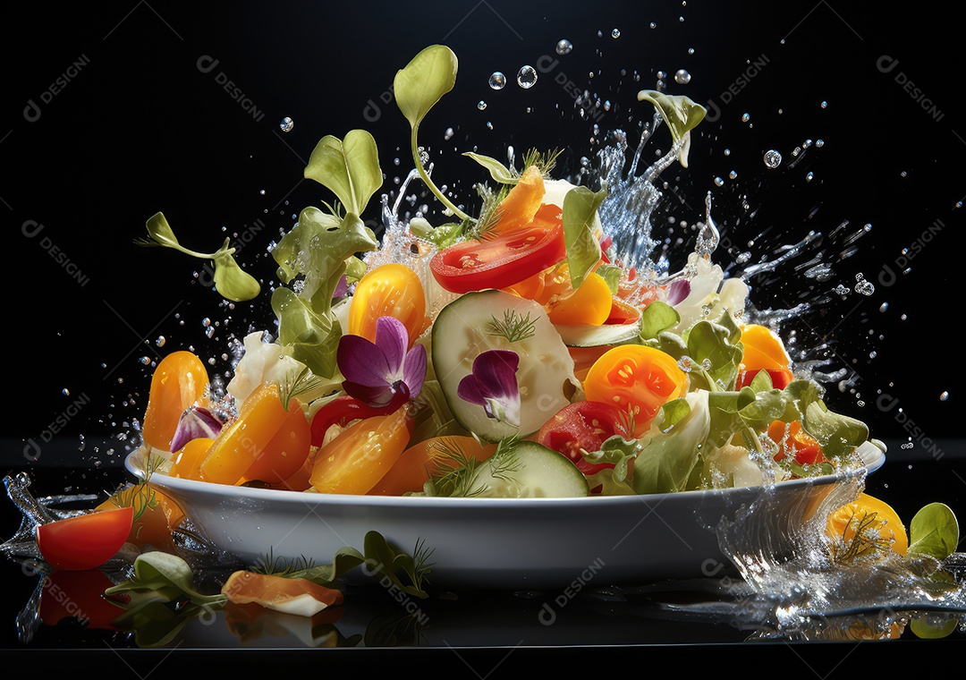 Frutas frescas Mix e salada com respingos de água flutuam no prato com fundo escuro de estúdio. IA generativa.