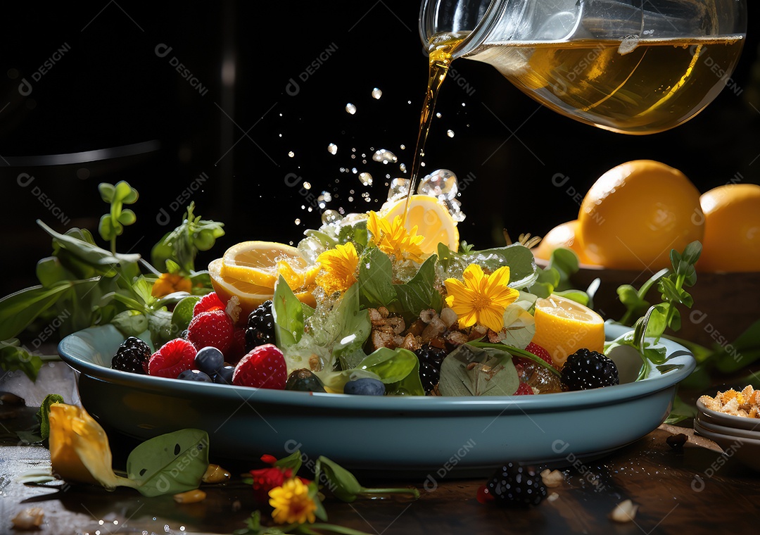 Frutas frescas Mix e salada com respingos de água flutuam no prato com fundo escuro de estúdio. IA generativa.