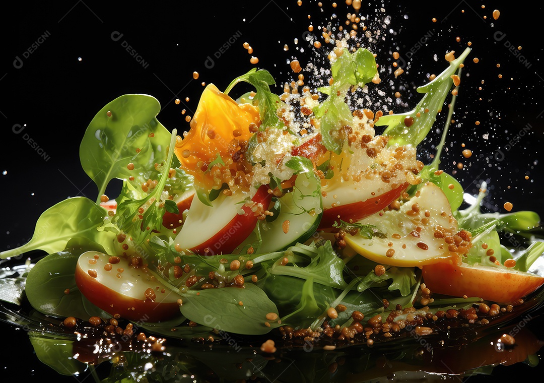 Frutas frescas Mix e salada com respingos de água flutuam no prato com fundo escuro de estúdio. IA generativa.