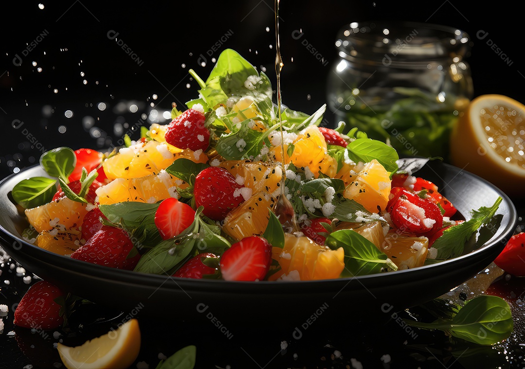 Frutas frescas Mix e salada com respingos de água flutuam no prato com fundo escuro de estúdio. IA generativa.