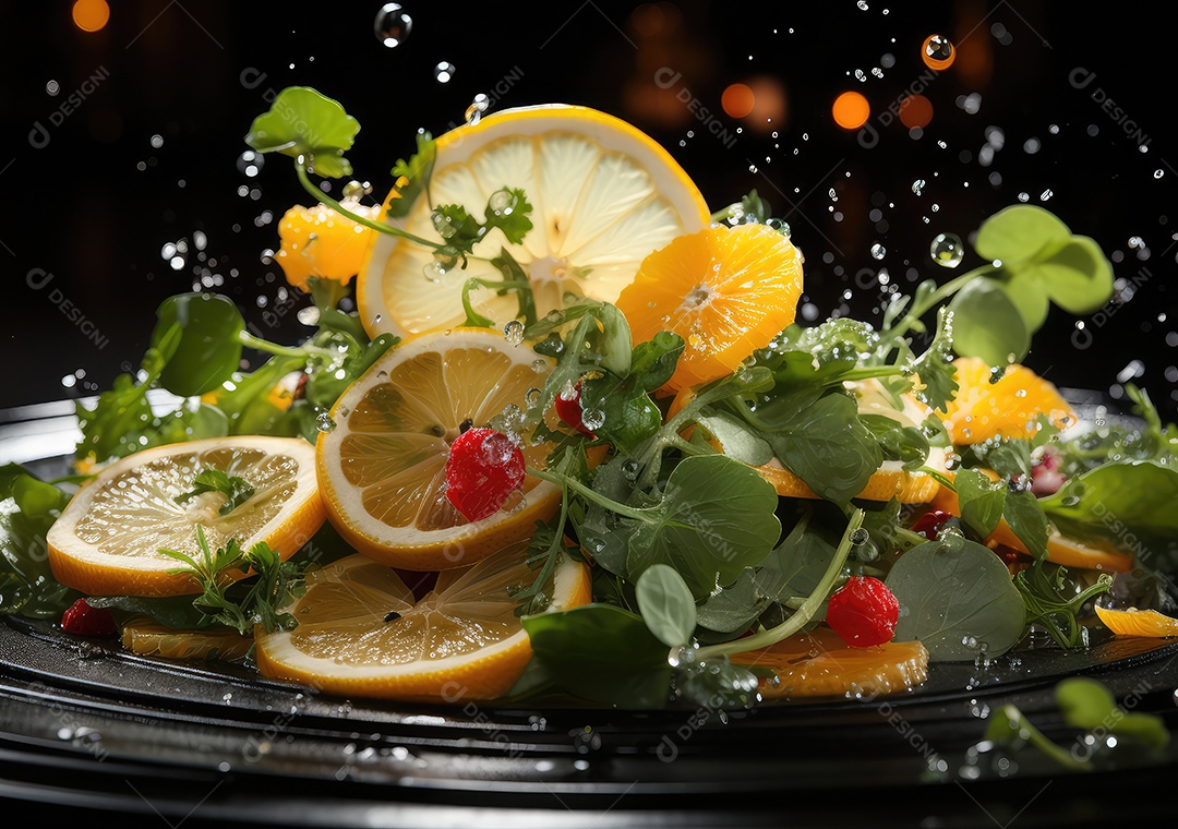 Frutas frescas Mix e salada com respingos de água flutuam no prato com fundo escuro de estúdio. IA generativa.