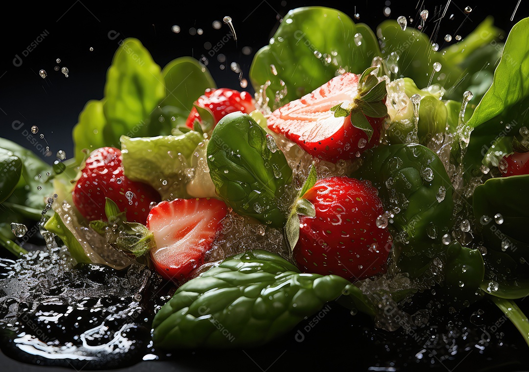 Frutas frescas Mix e salada com respingos de água flutuam no prato com fundo escuro de estúdio. IA generativa.