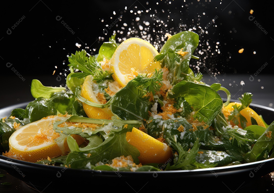 Frutas frescas Mix e salada com respingos de água flutuam no prato com fundo escuro de estúdio. IA generativa.