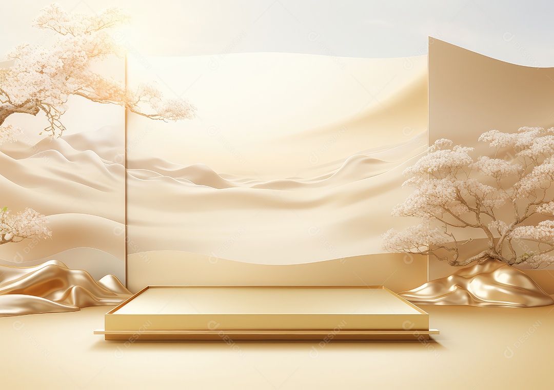 Suporte de fundo de produto dourado ou pedestal de pódio em anúncio de luxo)