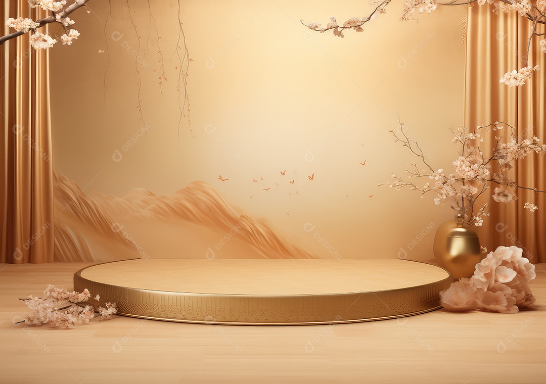 Suporte de fundo de produto dourado ou pedestal de pódio em anúncio de luxo