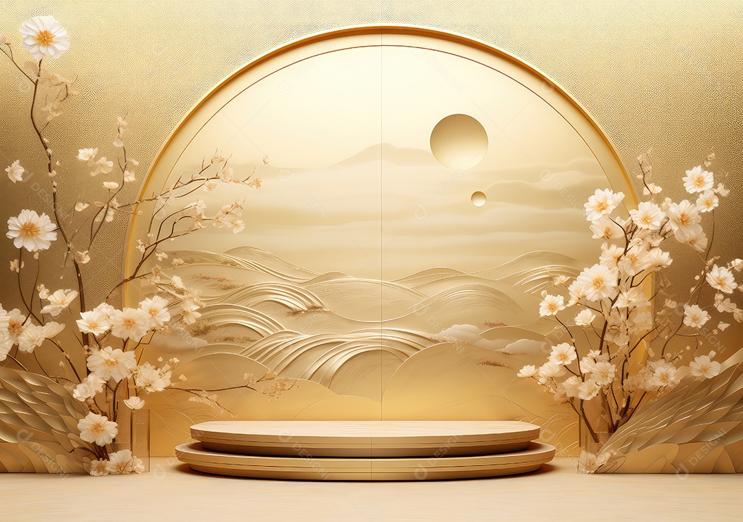 Suporte de fundo de produto dourado ou pedestal de pódio em anúncio de luxo