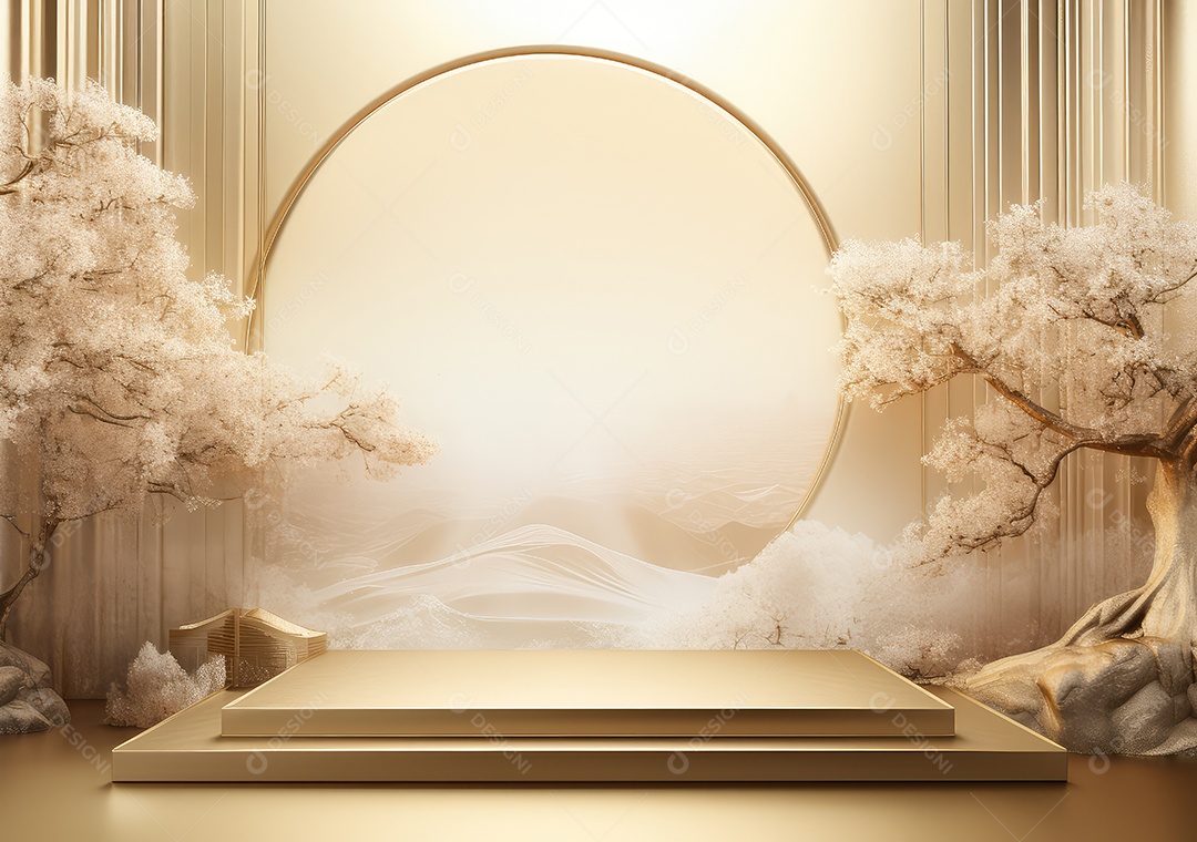 Suporte de fundo de produto dourado ou pedestal de pódio em anúncio de luxo
