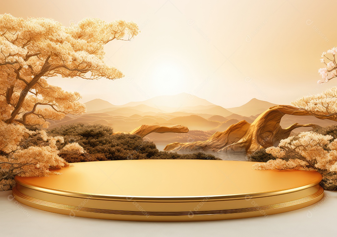 Suporte de fundo de produto dourado ou pedestal de pódio em anúncio de luxo