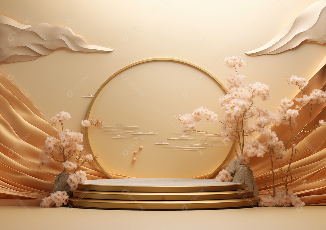 Suporte de fundo de produto dourado ou pedestal de pódio em anúncio de luxo