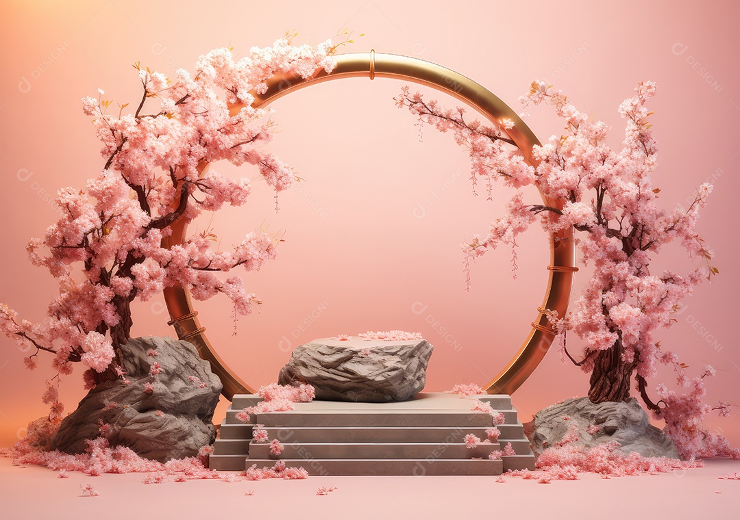 Realista renderização 3D pódio rosa pastel vazio em branco com cereja