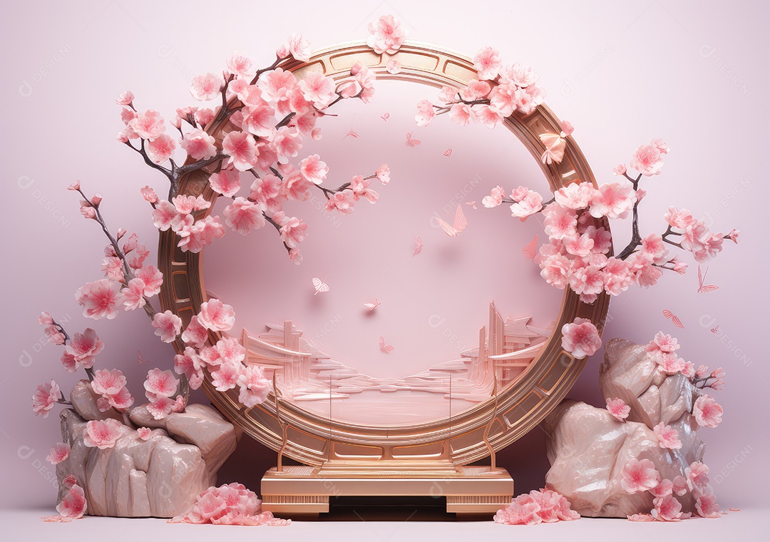 Realista renderização 3D pódio rosa pastel vazio em branco com cereja