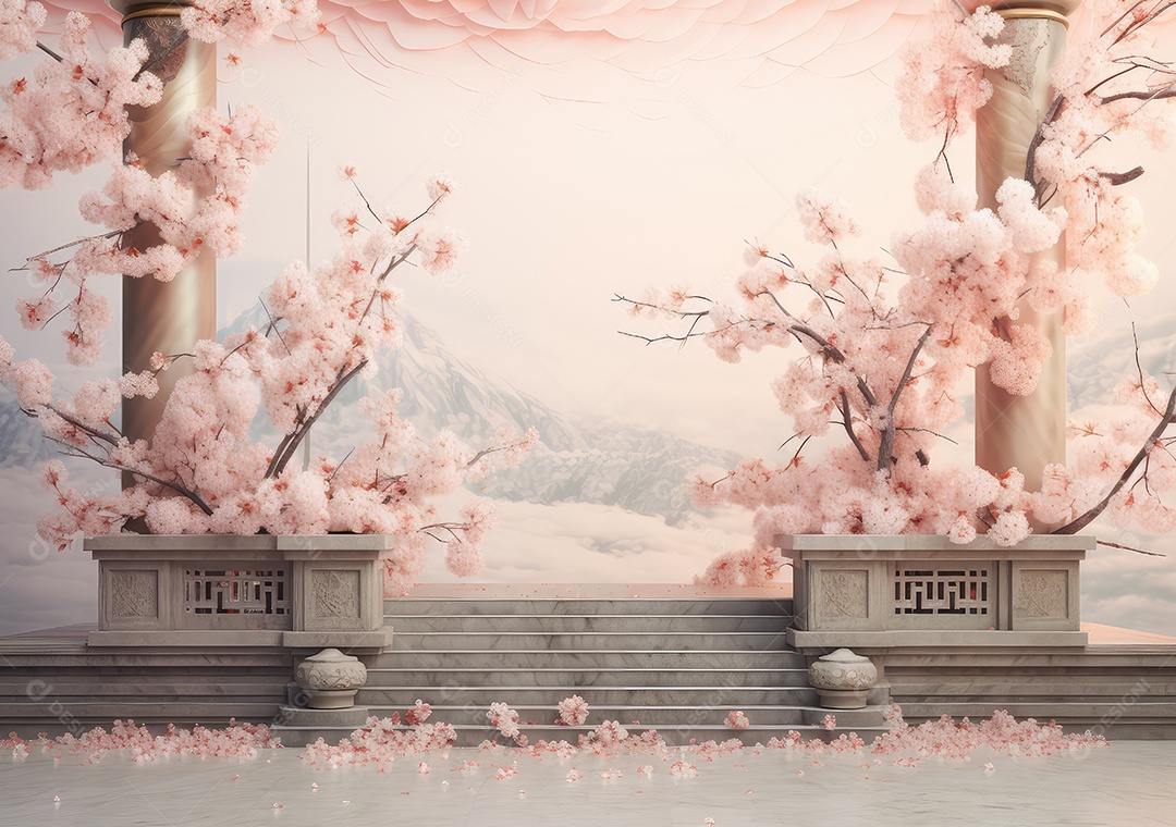 Realista renderização 3D pódio rosa pastel vazio em branco com cereja