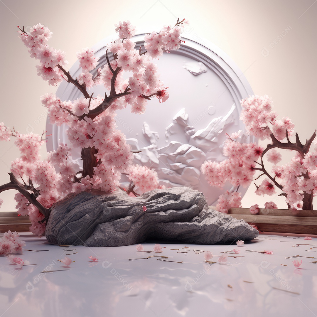 Realista renderização 3D pódio rosa pastel vazio em branco com cereja