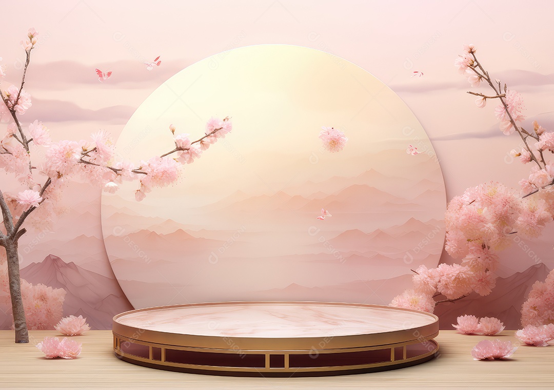 Realista renderização 3D pódio rosa pastel vazio em branco com cereja