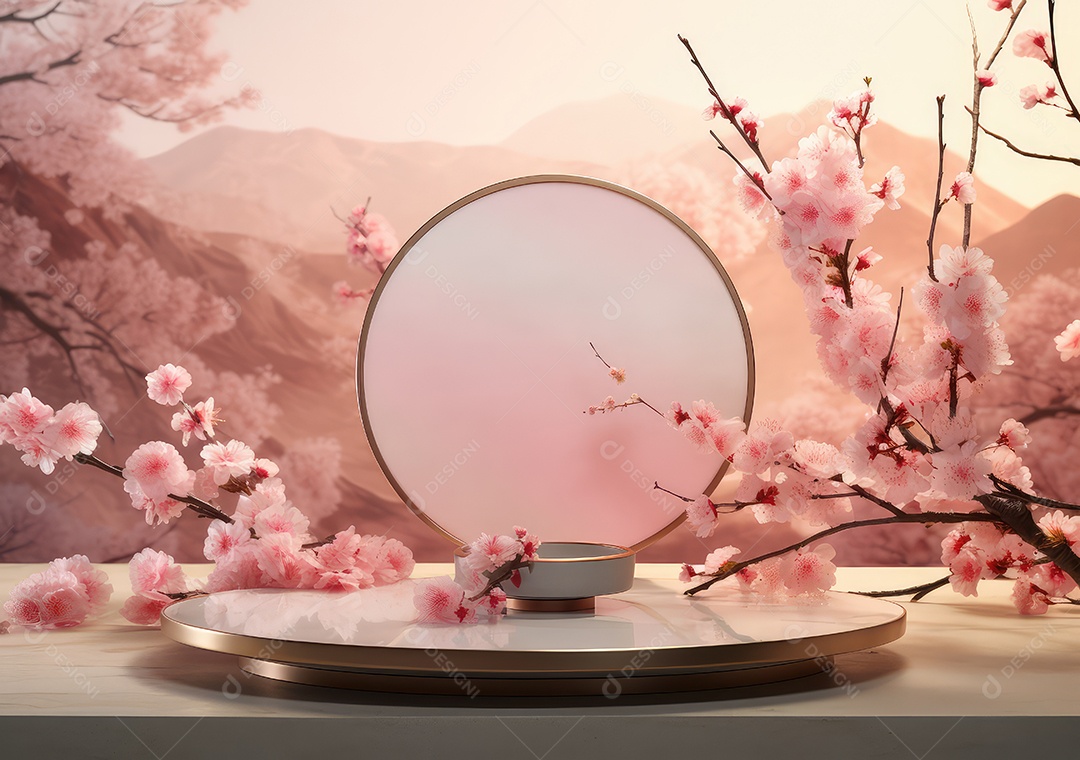 Realista renderização 3D pódio rosa pastel vazio em branco com cereja