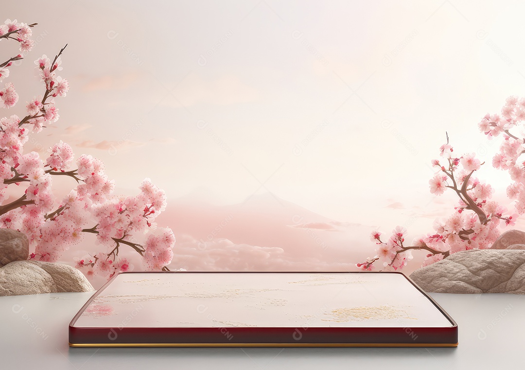 Realista renderização 3D pódio rosa pastel vazio em branco com cereja