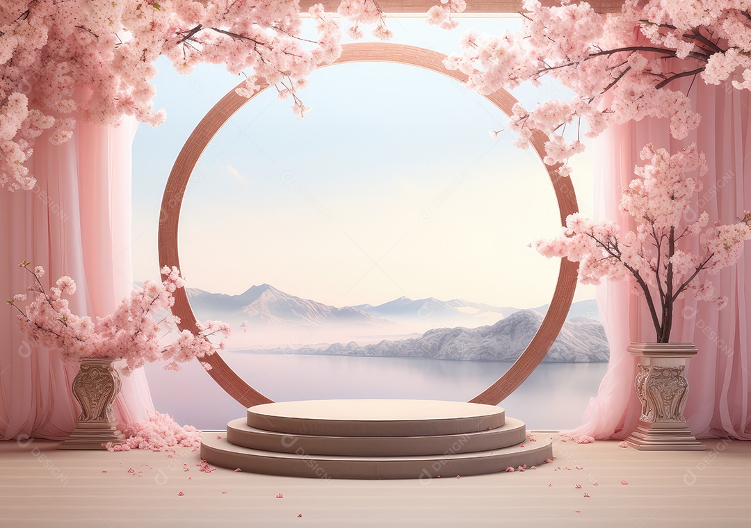 Realista renderização 3D pódio rosa pastel vazio em branco com cereja