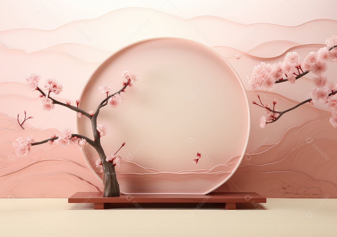 Realista renderização 3D pódio rosa pastel vazio em branco com cereja