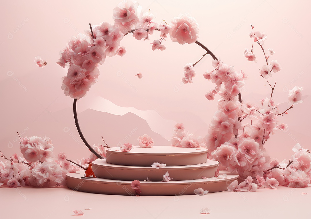 Realista renderização 3D pódio rosa pastel vazio em branco com cereja