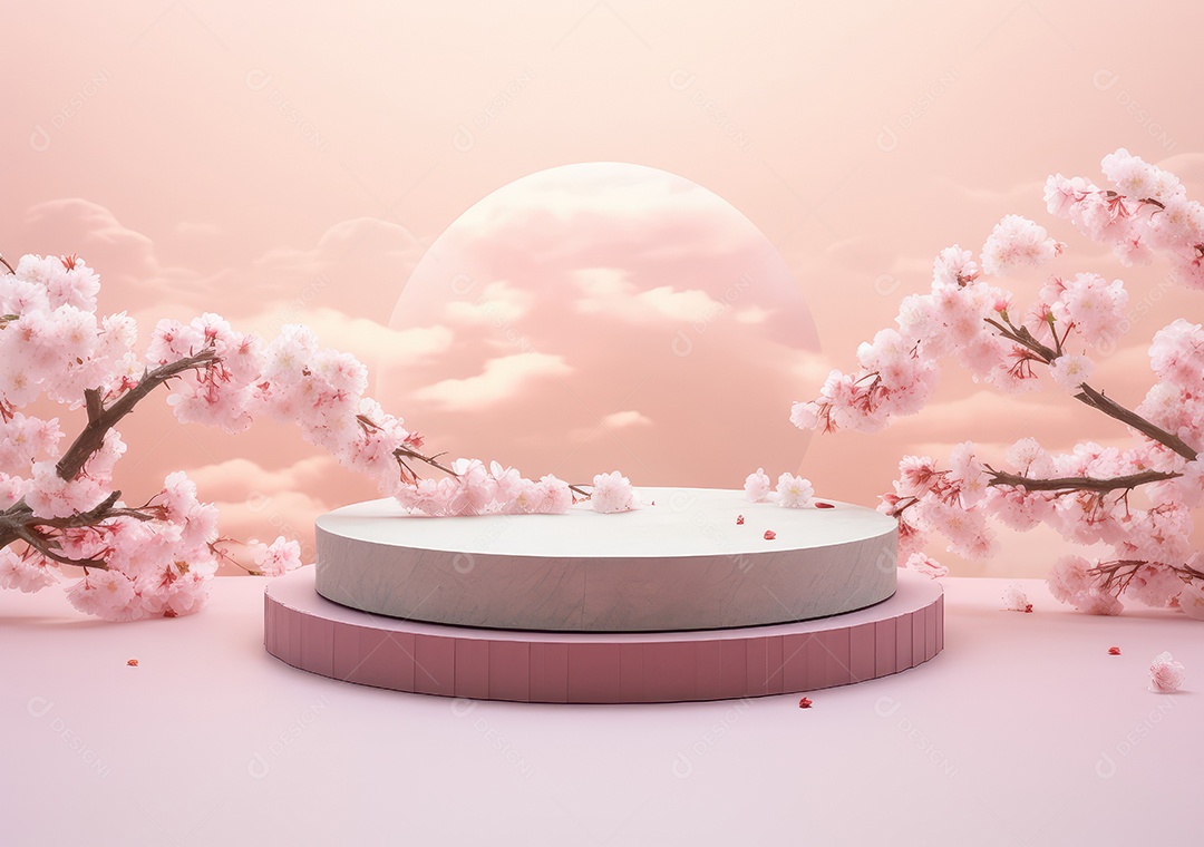 Realista renderização 3D pódio rosa pastel vazio em branco com cereja