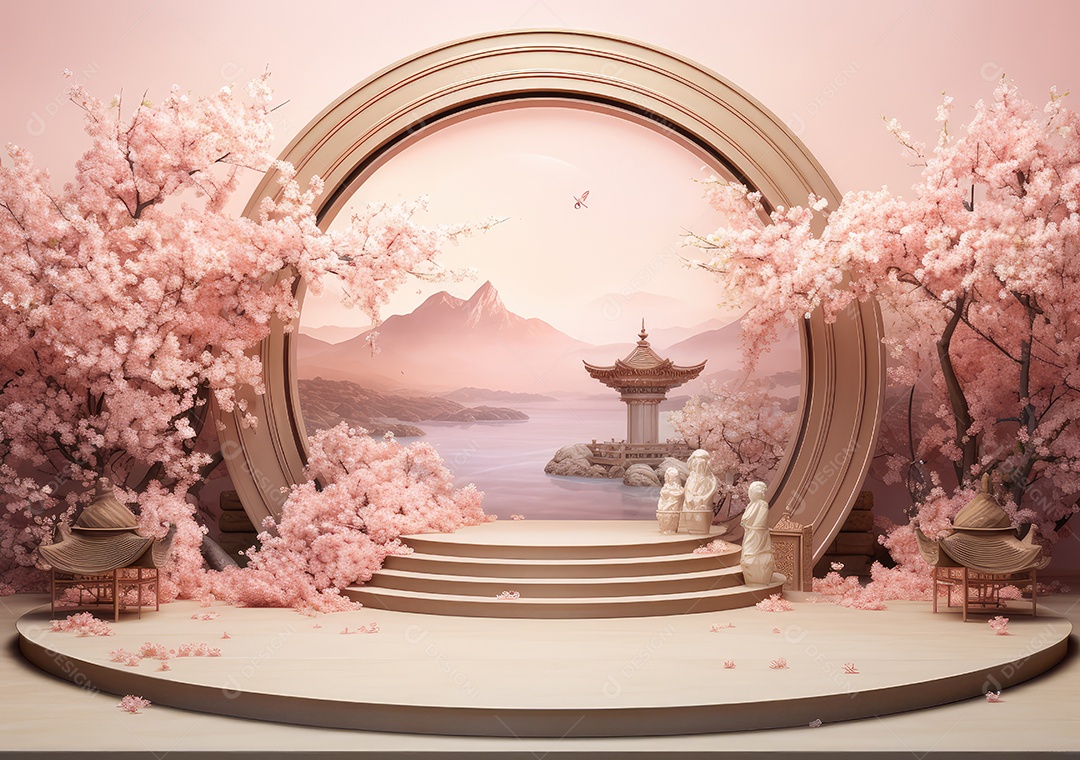 Realista renderização 3D pódio rosa pastel vazio em branco com cereja