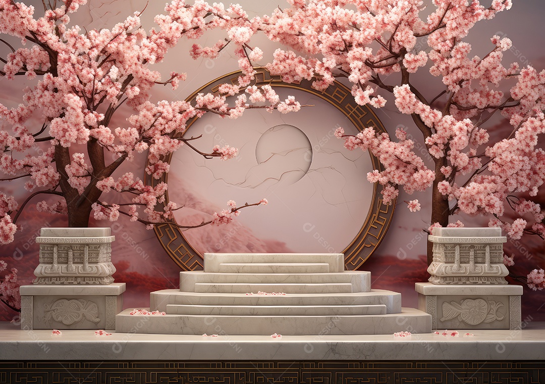 Realista renderização 3D pódio rosa pastel vazio em branco com cereja