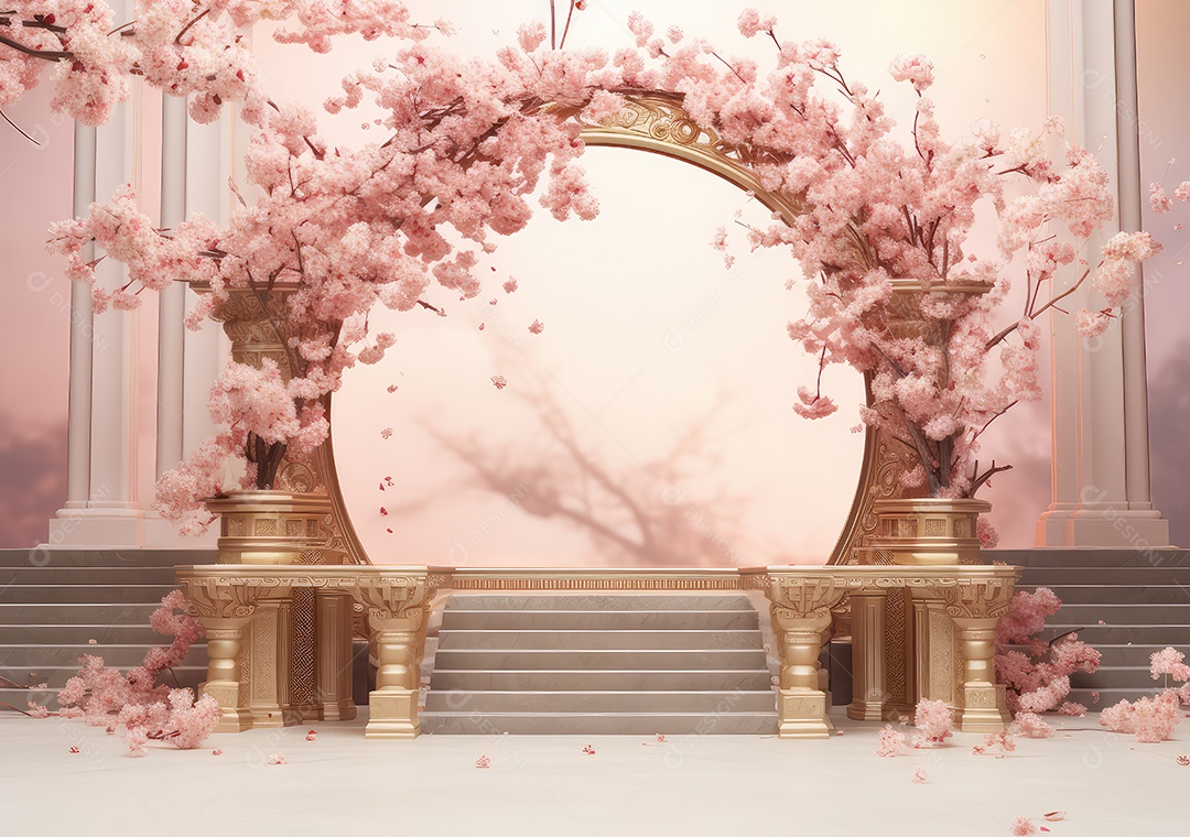 Realista renderização 3D pódio rosa pastel vazio em branco com cereja