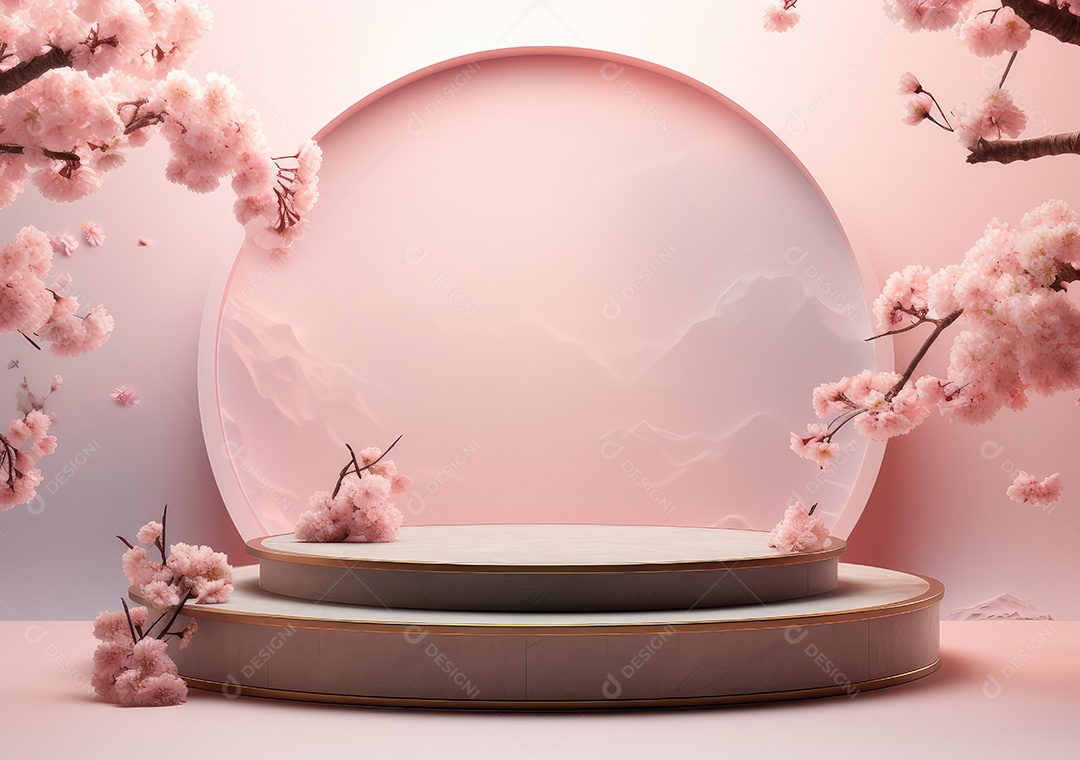 Realista renderização 3D pódio rosa pastel vazio em branco com cereja
