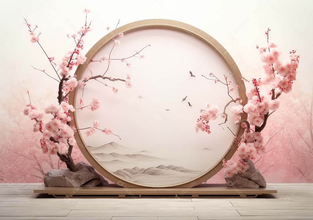 Realista renderização 3D pódio rosa pastel vazio em branco com cereja