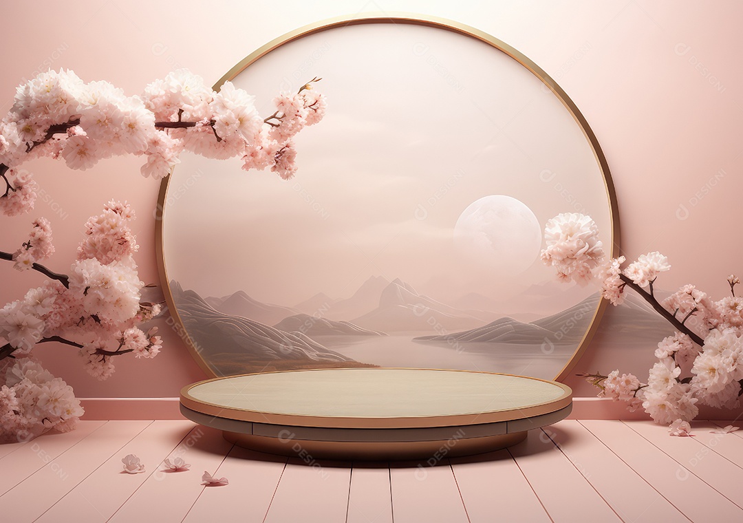 Realista renderização 3D pódio rosa pastel vazio em branco com cereja