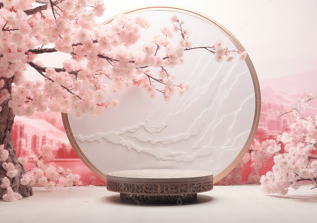 Realista renderização 3D pódio rosa pastel vazio em branco com cereja