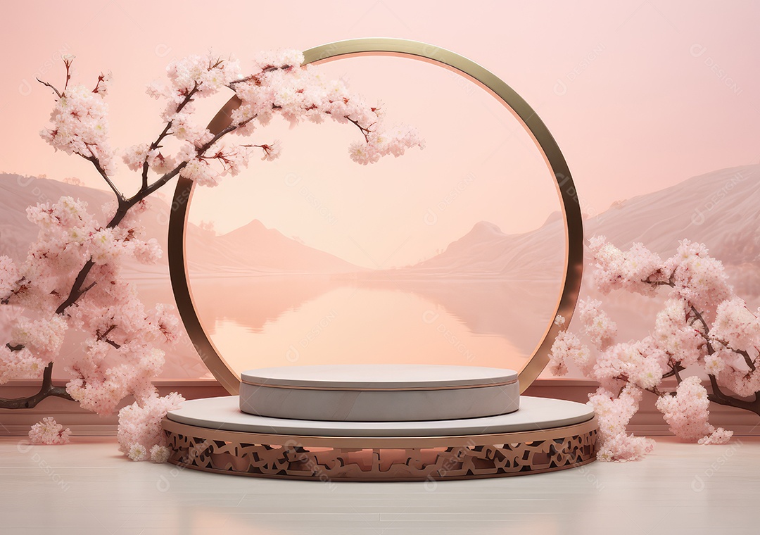 Pódios de exibição 3d mínimos com flor de cerejeira Sakura