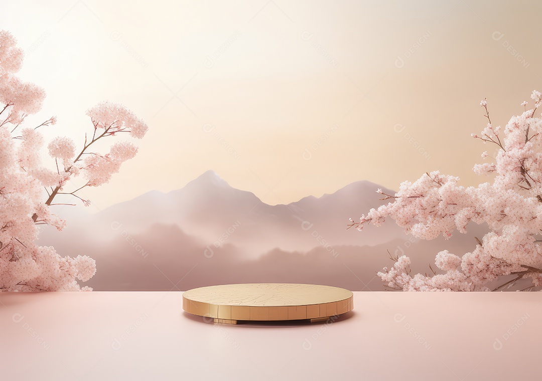 Display de pódio de luxo de estúdio mínimo com flor de maçã em pêssego